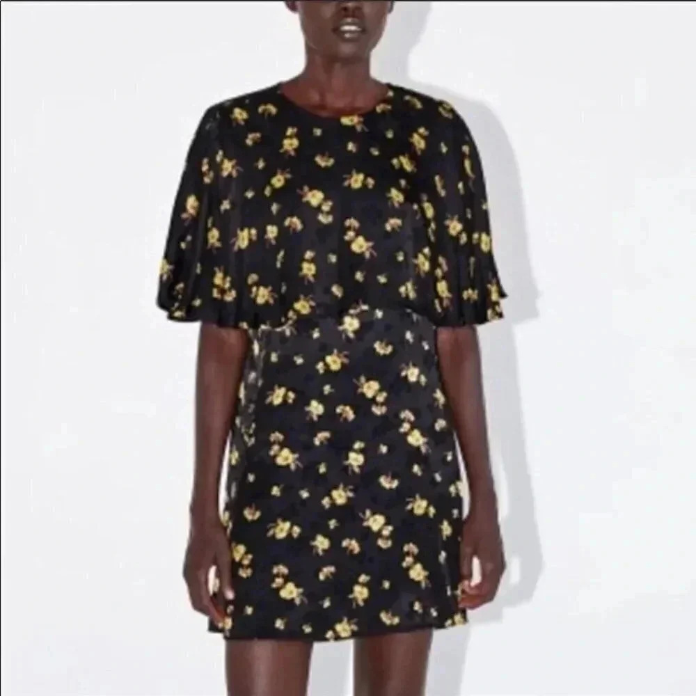 Zara - Black Yellow Flower Batwing Mini Dress